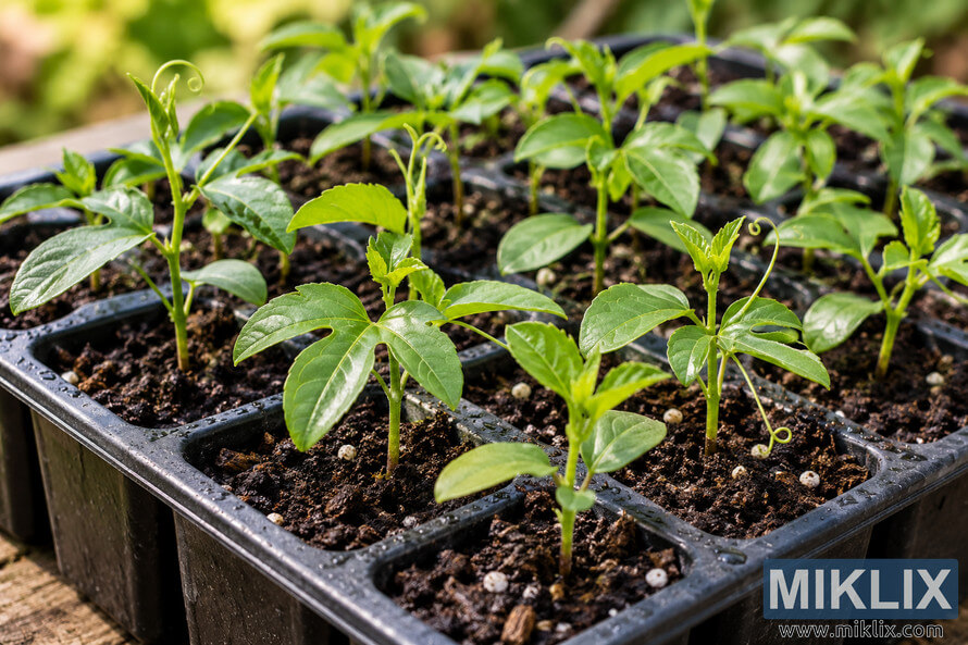 Close-up of young green passionflower seedlings with curling tendrils growing in moist soil in a black plastic propagation tray. Close-up of young green passionflower seedlings with curling tendrils growing in moist soil in a black plastic propagation tray.