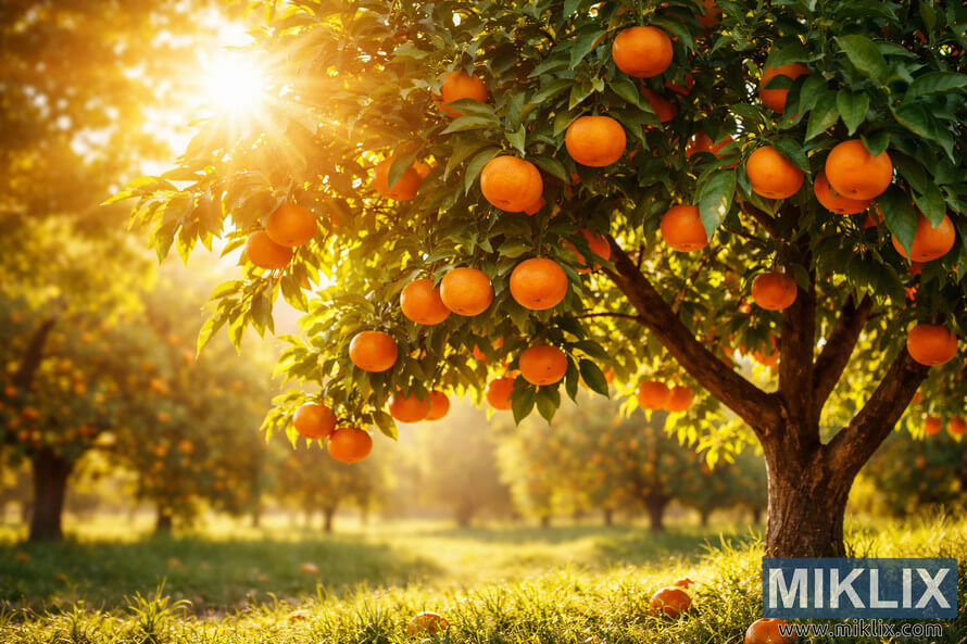 Tangerine tree filled with ripe fruit standing in full sunlight with strong backlighting in a warm orchard landscape.