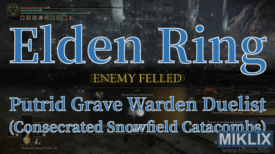 Elden Ring screenshot showing “Enemy Felled” after defeating the Putrid Grave Warden Duelist in the Consecrated Snowfield Catacombs. Elden Ring screenshot showing “Enemy Felled” after defeating the Putrid Grave Warden Duelist in the Consecrated Snowfield Catacombs.