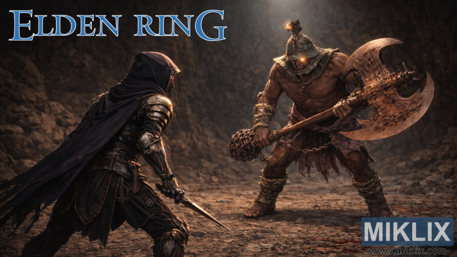 Fan art de la batalla d'Elden Ring entre el jugador de l'armadura Black Knife i el Duelista Frenètic a la Cova de la Presó