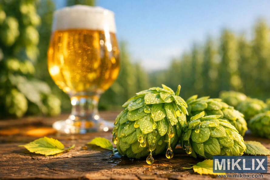 Close-up of green hop cones with resin droplets on a rustic wooden table, with a blurred glass of pale golden beer and hop fields in the background.