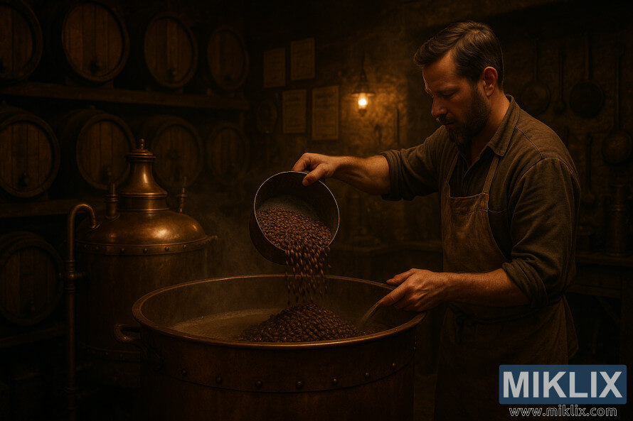 Brygger hÃ¦lder ristet byg i mÃ¦sketunne i et dunkelt historisk bryghus med kobberkedler.