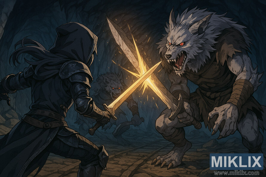 Obraz w stylu anime przedstawiajÄcy Tarnished walczÄcego z dwoma Bestiami Farum Azula w Jaskini Smoczego Baranka