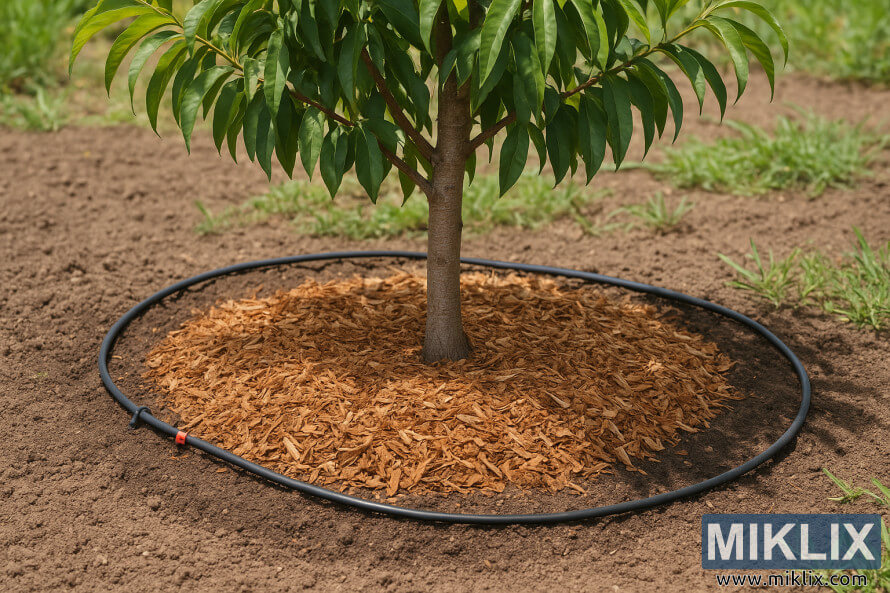 Et sundt ungt ferskentrÃ¦ omgivet af barkflis og en cirkulÃ¦r drypvandingsslange, der viser korrekt jord- og vandhÃ¥ndtering.