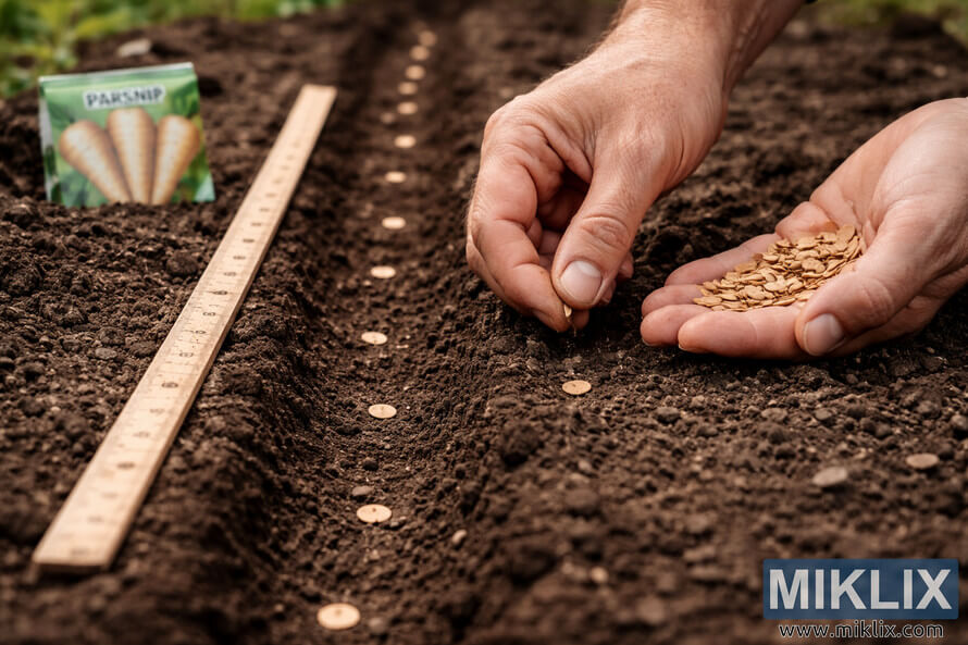 Close-up of hands planting parsnip seeds in a garden row with a ruler showing correct spacing.