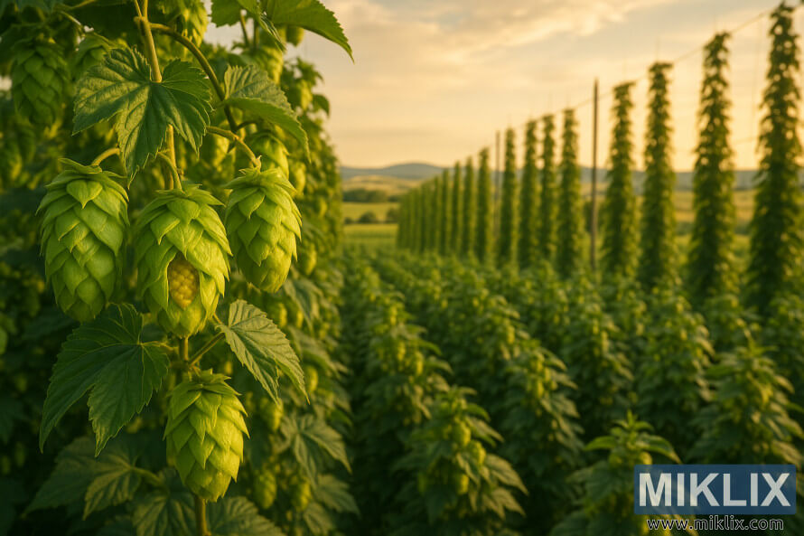 Eloisa humalapelto kylpee kultaisessa valossa, etualalla kypsät vihreät kävyt ja rivit korkeita humalakasveja kurottelevat kohti kaukaisia kukkuloita lämpimän iltataivaan alla. Eloisa humalapelto kylpee kultaisessa valossa, etualalla kypsät vihreät kävyt ja rivit korkeita humalakasveja kurottelevat kohti kaukaisia kukkuloita lämpimän iltataivaan alla.