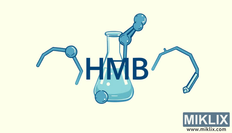 IlustraciÃ³n detallada de la estructura molecular de HMB con cristalerÃ­a de laboratorio sobre un fondo minimalista.