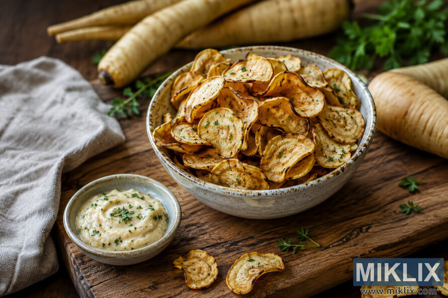 A rustic landscape food photograph featuring a ceramic bowl filled with crispy golden parsnip chips on a wooden serving board beside a creamy herb dip, surrounded by whole parsnips, fresh herbs, and a folded linen cloth under soft natural lighting. A rustic landscape food photograph featuring a ceramic bowl filled with crispy golden parsnip chips on a wooden serving board beside a creamy herb dip, surrounded by whole parsnips, fresh herbs, and a folded linen cloth under soft natural lighting.