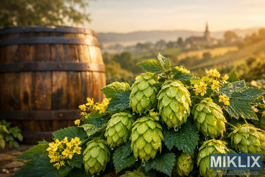 Dew-covered Coigneau hop cones with yellow flowers in the foreground, a wooden lambic barrel behind them, and sunlit Belgian rolling hills in the background.