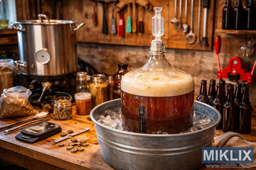 Glass carboy of fermenting beer surrounded by homebrewing equipment on a wooden workbench Glass carboy of fermenting beer surrounded by homebrewing equipment on a wooden workbench