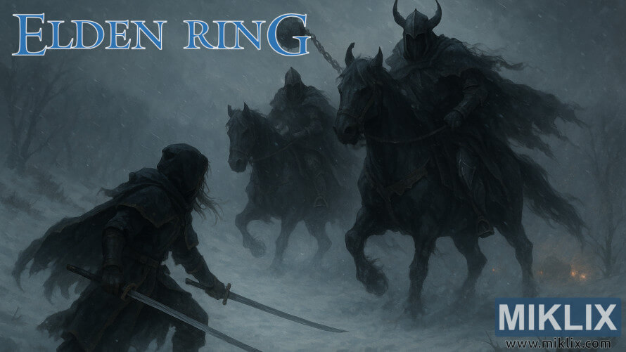 A Black Knife warrior confronts two mounted Night’s Cavalry riders in a snowy Elden Ring landscape. A Black Knife warrior confronts two mounted Night’s Cavalry riders in a snowy Elden Ring landscape.