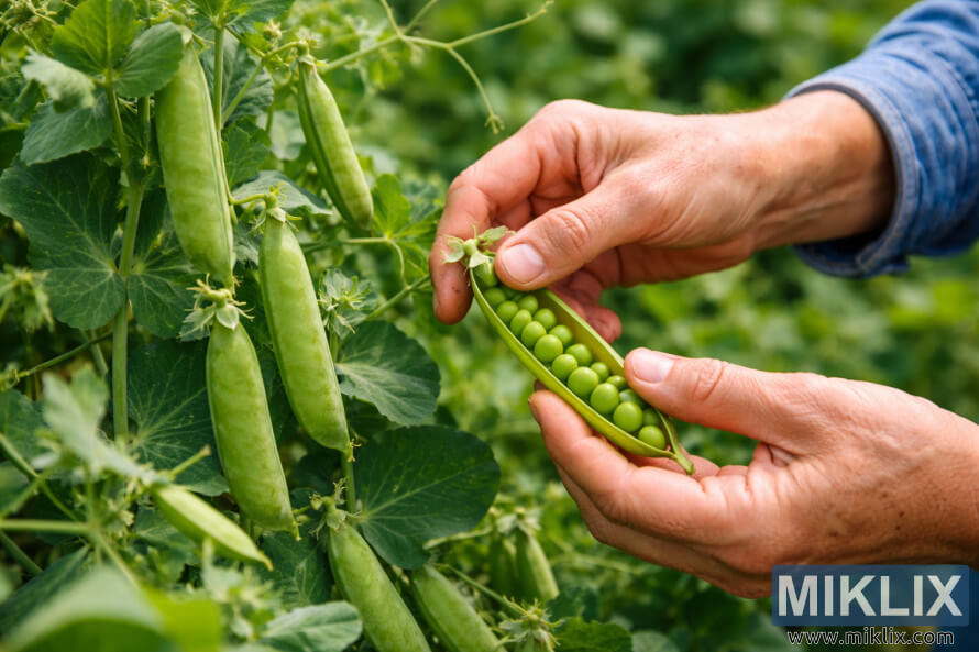 Close-up of hands carefully harvesting ripe green peas from healthy pea vines in a garden. Close-up of hands carefully harvesting ripe green peas from healthy pea vines in a garden.