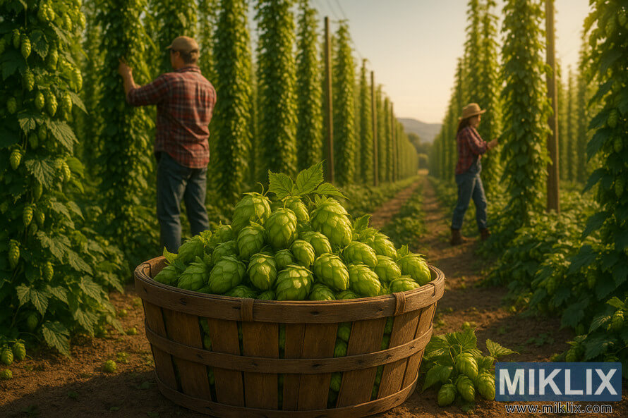 PunÃ«torÃ«t mbledhin me dorÃ« humulus tÃ« pjekur nÃ« njÃ« fermÃ« tÃ« ndriÃ§uar nga dielli gjatÃ« orÃ«s sÃ« artÃ«.