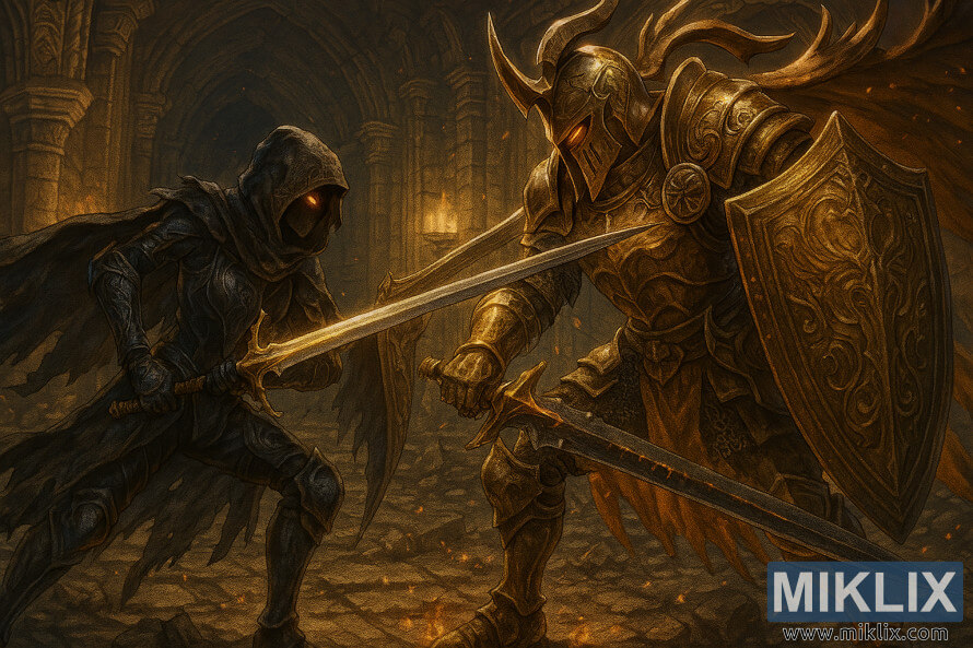 Seni peminat gaya anime Perisai Tercemar dalam Pisau Hitam bertarung Crucible Knight Ordovis di dalam Kubur Pahlawan Auriza dari Cincin Elden.