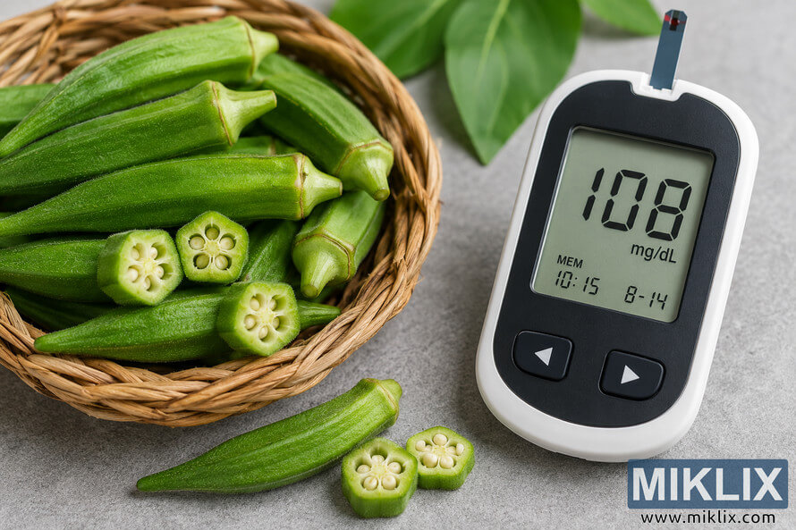 Landscape photograph of a generic blood glucose meter displaying a reading of 108 mg/dL beside a basket of fresh green okra and sliced okra on a light gray surface, representing healthy eating, nutrition, blood sugar monitoring, diabetes awareness, and wellness without any visible product branding. Landscape photograph of a generic blood glucose meter displaying a reading of 108 mg/dL beside a basket of fresh green okra and sliced okra on a light gray surface, representing healthy eating, nutrition, blood sugar monitoring, diabetes awareness, and wellness without any visible product branding.