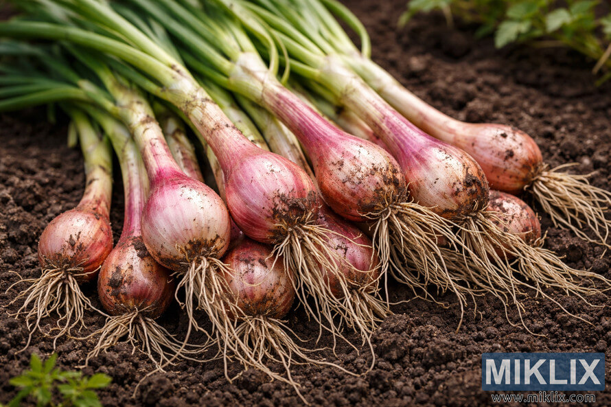 Freshly harvested shallot bulbs with roots and green tops lying on dark garden soil