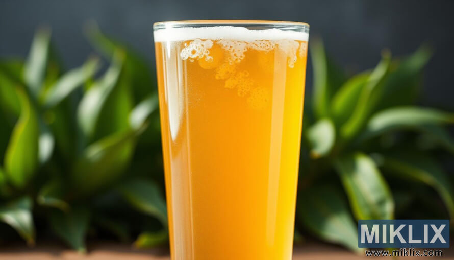 Primer pla de kombucha efervescent en un got amb bombolles de colors i fulles de te verd borroses al fons. Primer pla de kombucha efervescent en un got amb bombolles de colors i fulles de te verd borroses al fons.