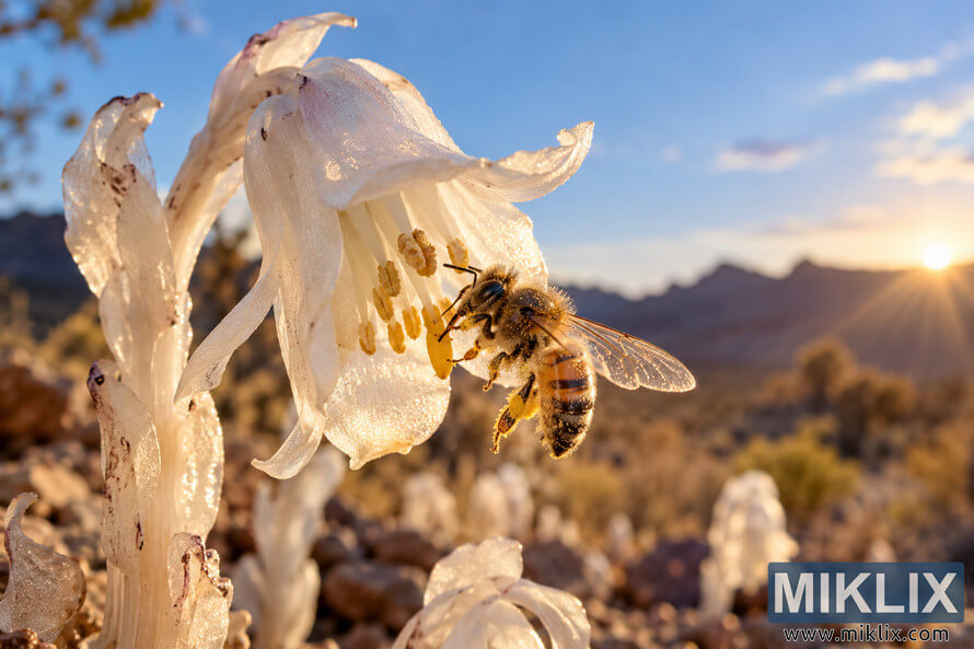 Macro photograph of a pollen-covered bee visiting a translucent pale ghost flower in a rocky desert, with distant mountains and a golden sunset. Macro photograph of a pollen-covered bee visiting a translucent pale ghost flower in a rocky desert, with distant mountains and a golden sunset.