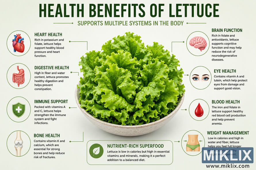 Landscape infographic illustration about the health benefits of lettuce featuring a large bowl of fresh green lettuce in the center surrounded by labeled medical-style icons representing heart health, digestive health, immune support, bone health, brain function, eye health, blood health, and weight management on a clean light green background. Landscape infographic illustration about the health benefits of lettuce featuring a large bowl of fresh green lettuce in the center surrounded by labeled medical-style icons representing heart health, digestive health, immune support, bone health, brain function, eye health, blood health, and weight management on a clean light green background.