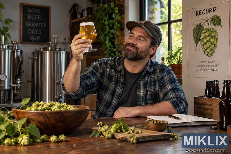 Homebrewer in a rustic brewing workshop smiling as he holds a glass of clear golden beer up to the light, surrounded by fresh green hops, stainless-steel brewing vessels, a recipe notebook, wooden bowls, and plain brown bottles. Homebrewer in a rustic brewing workshop smiling as he holds a glass of clear golden beer up to the light, surrounded by fresh green hops, stainless-steel brewing vessels, a recipe notebook, wooden bowls, and plain brown bottles.