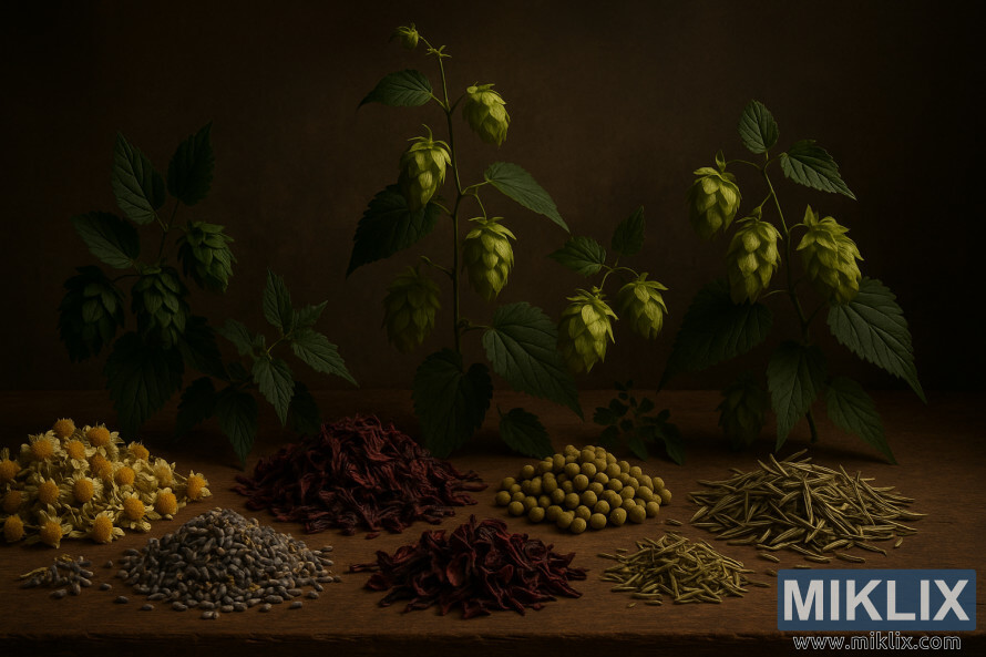 ZÃ¡tiÅ¡ie s bylinkami, suÅ¡enÃ½mi kvetmi a chmeÄ¾ovÃ½mi Å¡iÅ¡kami aranÅ¾ovanÃ© na tlmenom, zemitom pozadÃ­.