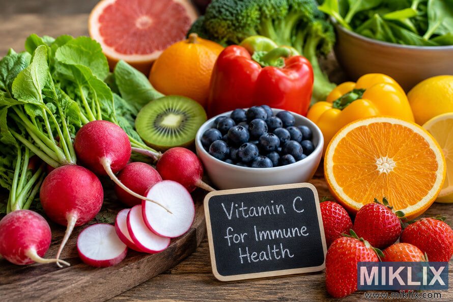 A vibrant still life featuring fresh radishes surrounded by vitamin C rich fruits and vegetables including oranges, grapefruit, kiwi, strawberries, blueberries, bell peppers, broccoli, leafy greens, and lemons. A small chalkboard sign reading 'Vitamin C for Immune Health' sits in the foreground on a rustic wooden table, illuminated by soft natural light.
