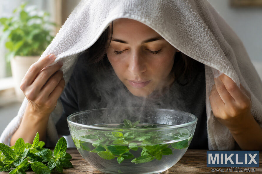 A woman covered with a white towel inhales steam rising from a glass bowl filled with hot water and fresh mint leaves in a calm indoor setting. A woman covered with a white towel inhales steam rising from a glass bowl filled with hot water and fresh mint leaves in a calm indoor setting.