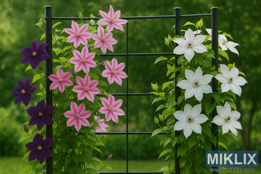 Des cÃ©lmatites vibrantes en violet, rose et blanc grimpant sur un treillis de jardin avec un feuillage vert luxuriant en arriÃ¨re-plan.