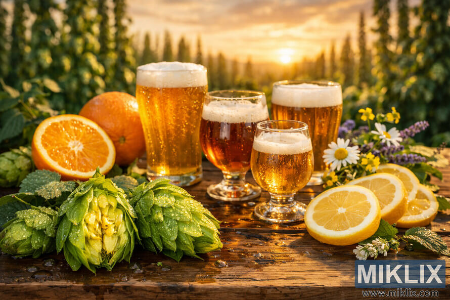 Split fresh hop cones with dew drops on a rustic wooden table beside amber beers, citrus slices, wildflowers, and a blurred hop field at sunset.