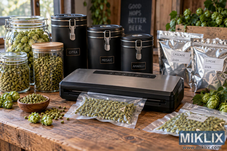 Landscape photo of a brand-free vacuum sealer on a rustic wooden table surrounded by glass jars, black airtight canisters, silver storage pouches, vacuum-sealed bags, green hop pellets, and fresh hop cones.