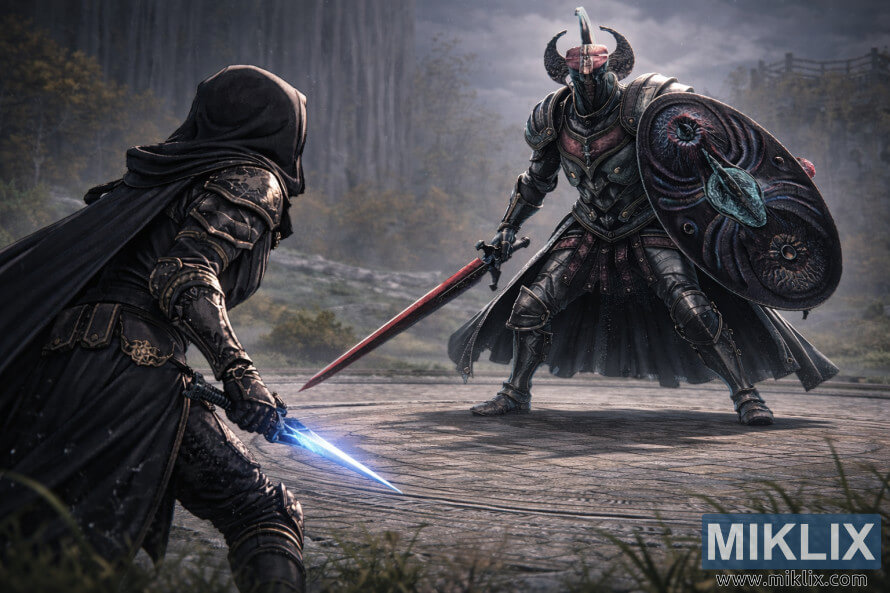 Fan art in stile anime di Elden Ring che mostra il Tarnished da dietro che affronta un Cavaliere del Crogiolo molto piÃ¹ grande nella prigione di Stormhill prima della battaglia.