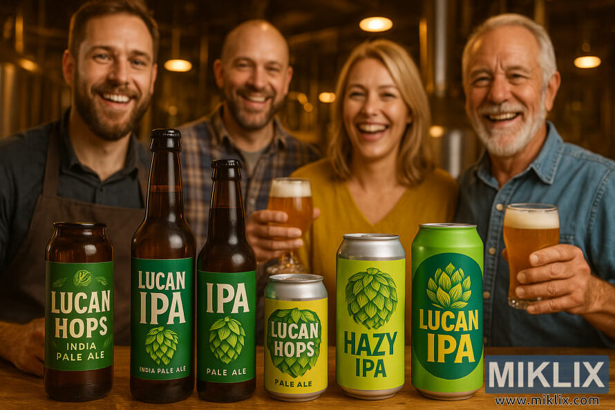 Collage of Lucan hops beer bottles and cans with brewers and customers in a bustling, warmly lit brewery backdrop.