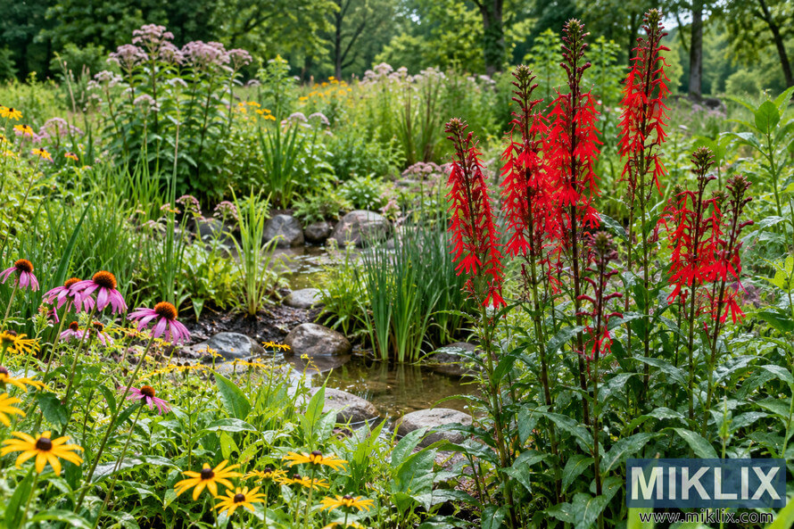 Bright red cardinal flowers beside a shallow stream in a lush summer rain garden with coneflowers, yellow blooms, grasses, wet foliage, and trees. Bright red cardinal flowers beside a shallow stream in a lush summer rain garden with coneflowers, yellow blooms, grasses, wet foliage, and trees.