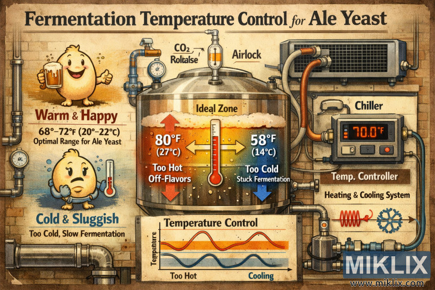 Illustrated diagram showing ale yeast fermentation temperature control, with a fermenter, thermometer, happy and sluggish yeast characters, and heating and cooling equipment.