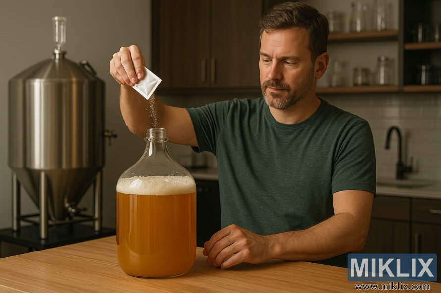 Homebrewer posipa suvi kvasac iz paketa folije u staklenu karboju zlatne sladovine u modernoj kuhinji sa nerÄajuÄim konusnim fermentorom u pozadini. Homebrewer posipa suvi kvasac iz paketa folije u staklenu karboju zlatne sladovine u modernoj kuhinji sa nerÄajuÄim konusnim fermentorom u pozadini.