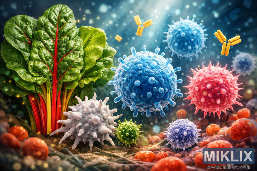 A detailed digital illustration showing immune system cells interacting with Swiss chard leaves, symbolizing immune-boosting foods. A detailed digital illustration showing immune system cells interacting with Swiss chard leaves, symbolizing immune-boosting foods.