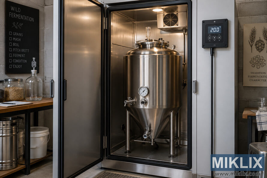 Stainless-steel fermenter inside an open temperature-controlled brewing chamber with a digital controller reading 20.0°C. Stainless-steel fermenter inside an open temperature-controlled brewing chamber with a digital controller reading 20.0°C.