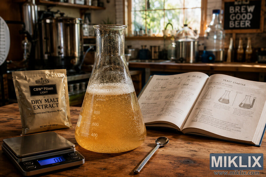 A bubbling yeast starter in a glass Erlenmeyer flask sits on a wooden table beside brewing ingredients, an open recipe book, and home brewing equipment in a warmly lit kitchen. A bubbling yeast starter in a glass Erlenmeyer flask sits on a wooden table beside brewing ingredients, an open recipe book, and home brewing equipment in a warmly lit kitchen.