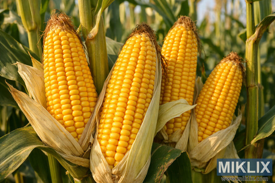 Close-up of several medium-sized Golden Bantam corn ears with bright yellow kernels growing on green stalks in a sunlit cornfield.