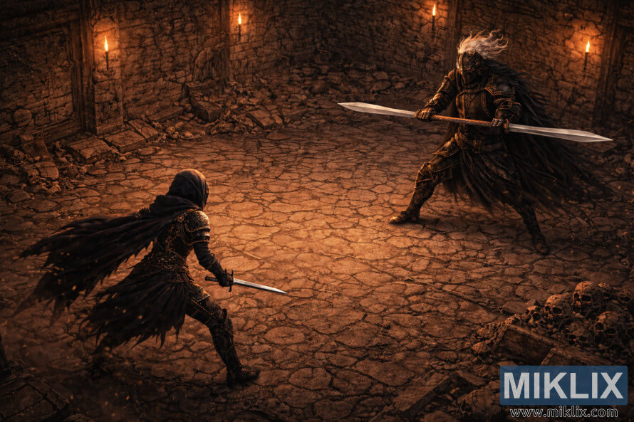 Isometric anime-style view of the Tarnished facing a taller Black Knight Edredd wielding a long double-ended sword in a ruined stone chamber