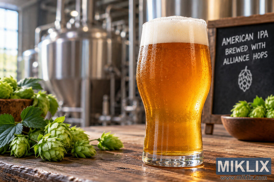 Golden American IPA with a creamy foam head in a clear craft beer glass on a rustic wooden bar, surrounded by fresh green hop cones with stainless-steel brewery tanks and an IPA chalkboard in the background.