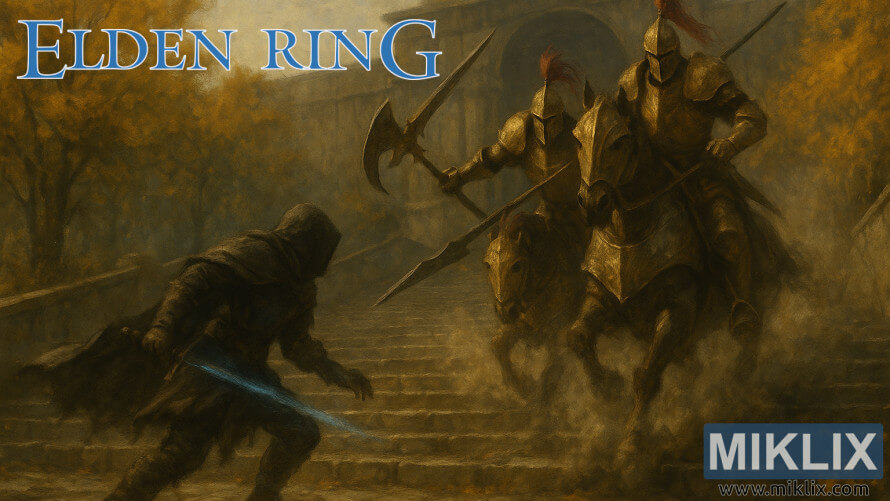 Fan art of Elden Ring battle showing Black Knife armor player fighting two Tree Sentinels on stone stairs to Leyndell