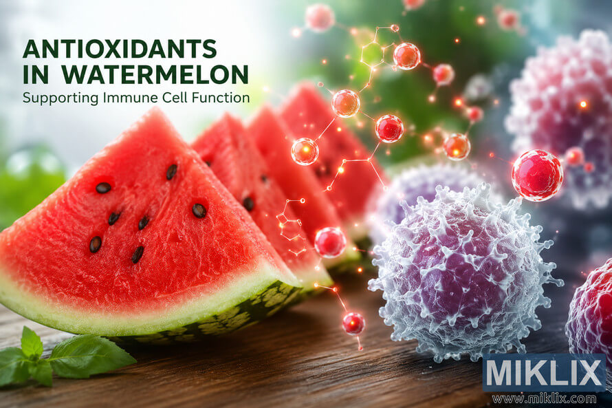 A landscape-style scientific illustration featuring fresh watermelon slices on a wooden table with glowing molecular structures and stylized immune cells, symbolizing how antioxidants in watermelon support immune cell function. A landscape-style scientific illustration featuring fresh watermelon slices on a wooden table with glowing molecular structures and stylized immune cells, symbolizing how antioxidants in watermelon support immune cell function.