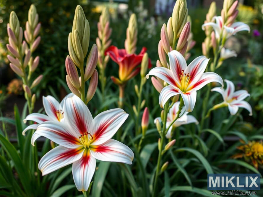 Lys blancs avec des stries rouges et des centres jaunes dans un jardin luxuriant au feuillage vert.