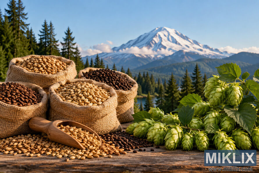 Landscape photograph of assorted pale, amber, brown, and dark brewing malts in open burlap sacks on a rustic wooden table, alongside fresh green hop cones and leaves, with evergreen forest and snow-covered Mount Rainier in the background. Landscape photograph of assorted pale, amber, brown, and dark brewing malts in open burlap sacks on a rustic wooden table, alongside fresh green hop cones and leaves, with evergreen forest and snow-covered Mount Rainier in the background.