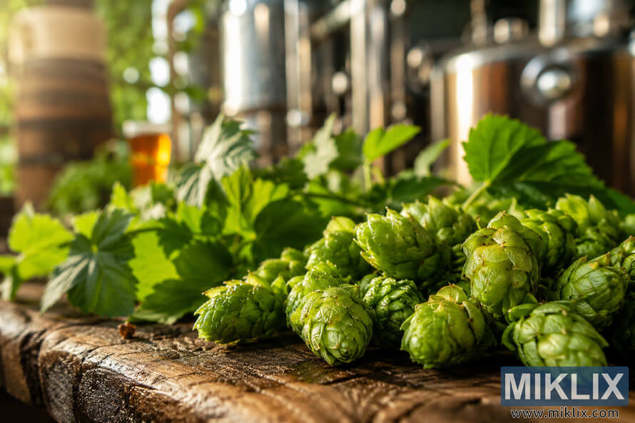 Close-up of fresh Early Prolific hop flowers covered in dew on a rustic wooden table, illuminated by warm natural sunlight with blurred hop leaves and brewing equipment in the background. Close-up of fresh Early Prolific hop flowers covered in dew on a rustic wooden table, illuminated by warm natural sunlight with blurred hop leaves and brewing equipment in the background.