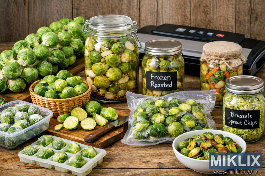 Landskapbeeld wat vars, gevriesde, gepekelde, geroosterde, gedroogde, ingemaakte en vakuumverseÃ«lde Brusselse spruite op 'n rustieke houttafel wys.