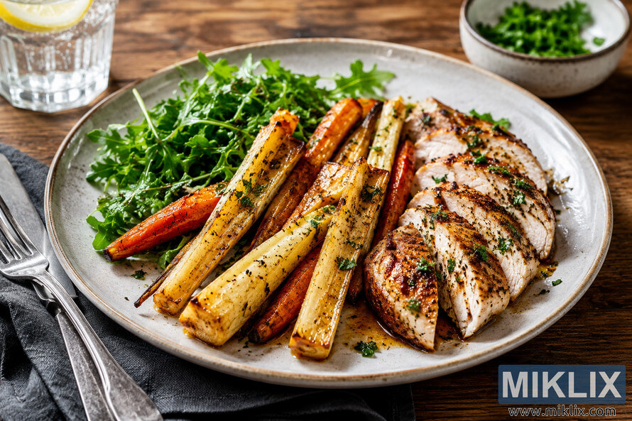 Beautifully plated lunch featuring roasted parsnips, roasted carrots, sliced herb-grilled chicken breast, fresh leafy greens, and a lemon water on a rustic wooden table in natural light. Beautifully plated lunch featuring roasted parsnips, roasted carrots, sliced herb-grilled chicken breast, fresh leafy greens, and a lemon water on a rustic wooden table in natural light.