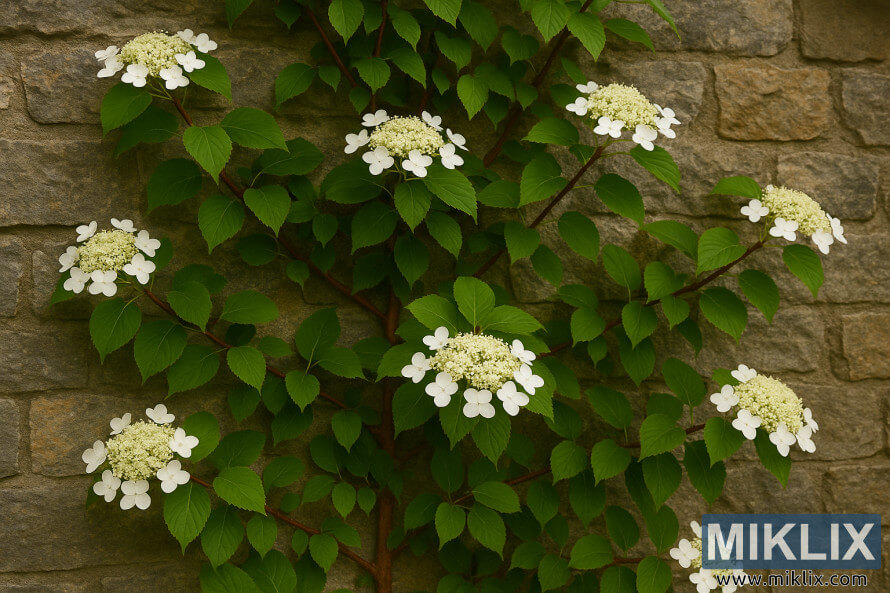 Penjanje hortenzije sa belom Äipkom cveta Å¡iri preko istroÅ¡enog kamenog zida.