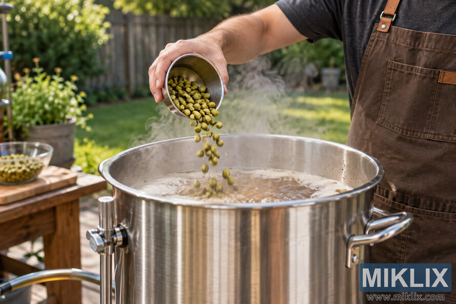 Homebrewer in a brown apron pouring green hop pellets from a metal cup into a steaming stainless-steel kettle of boiling wort in a sunny backyard. Homebrewer in a brown apron pouring green hop pellets from a metal cup into a steaming stainless-steel kettle of boiling wort in a sunny backyard.